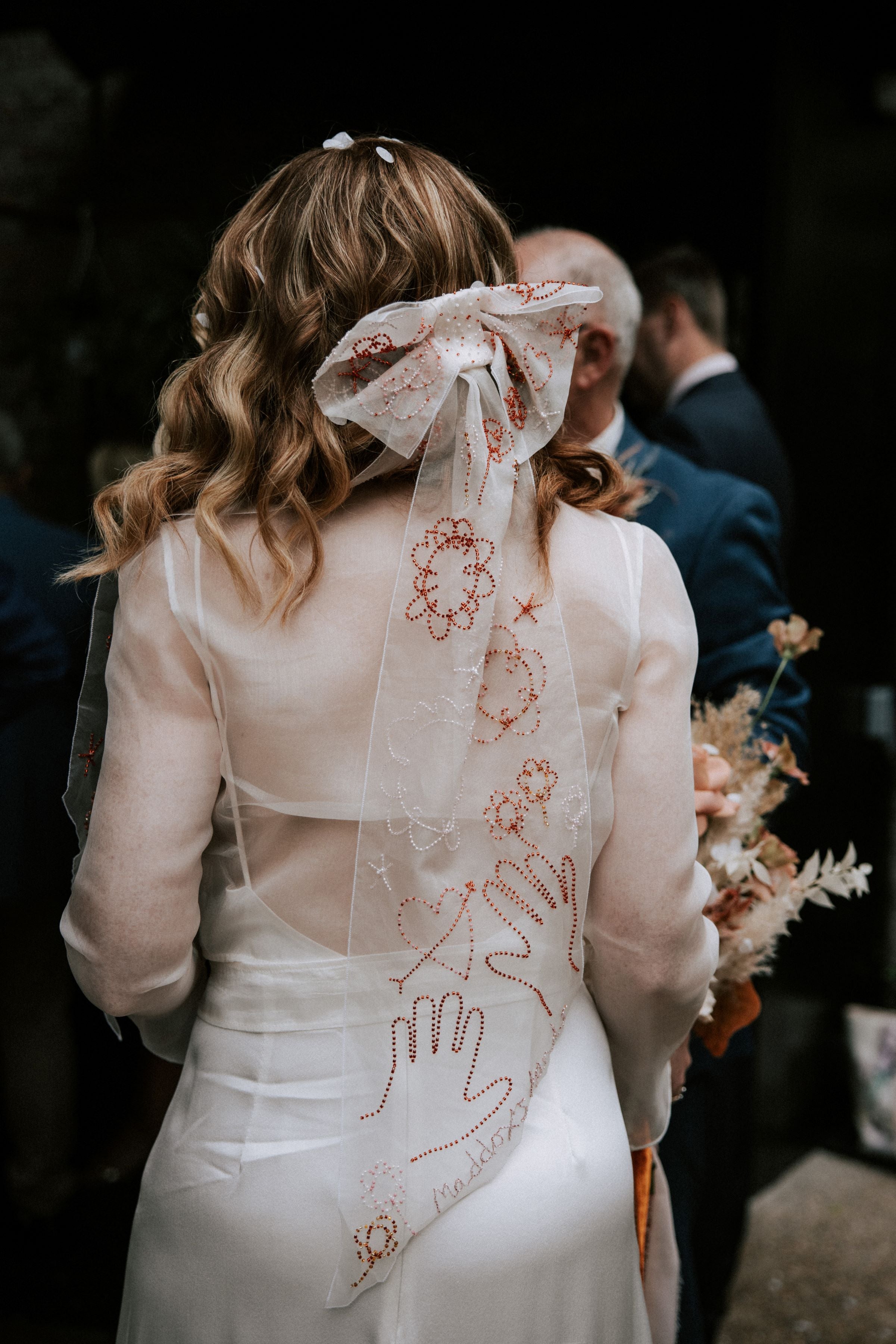 Contemporary hand-embroidered, beaded silk bridal bow veil-Claude Bridal  Studio