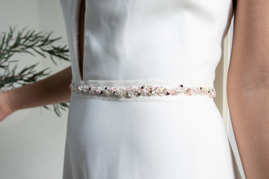 Hand-embroidered silk organza wedding belt decorated with hand-sewn crystals and beads.  This embellished bridal belt is part of a collection of luxury hand-made bridal accessories.