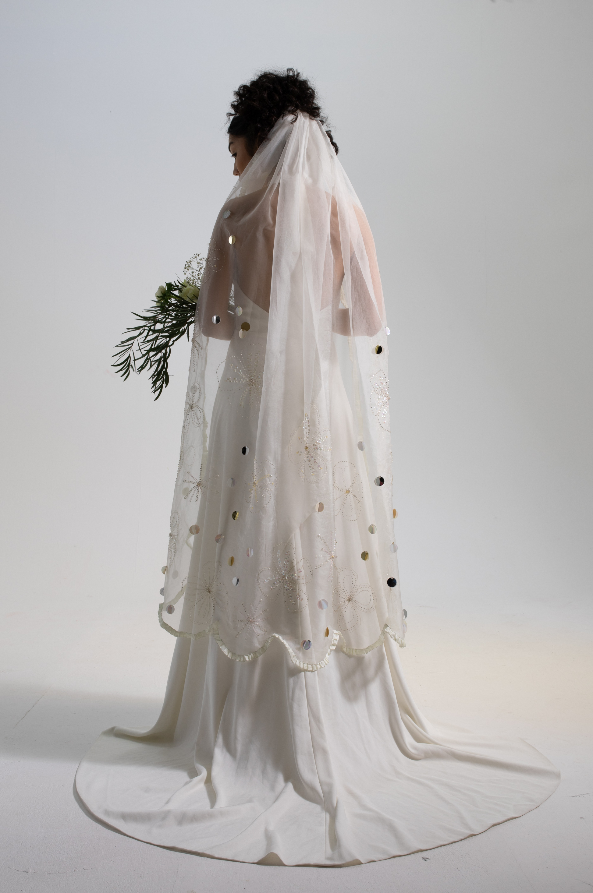 Hand-embroidered sequin and bead floral wedding veil-Claude Bridal
