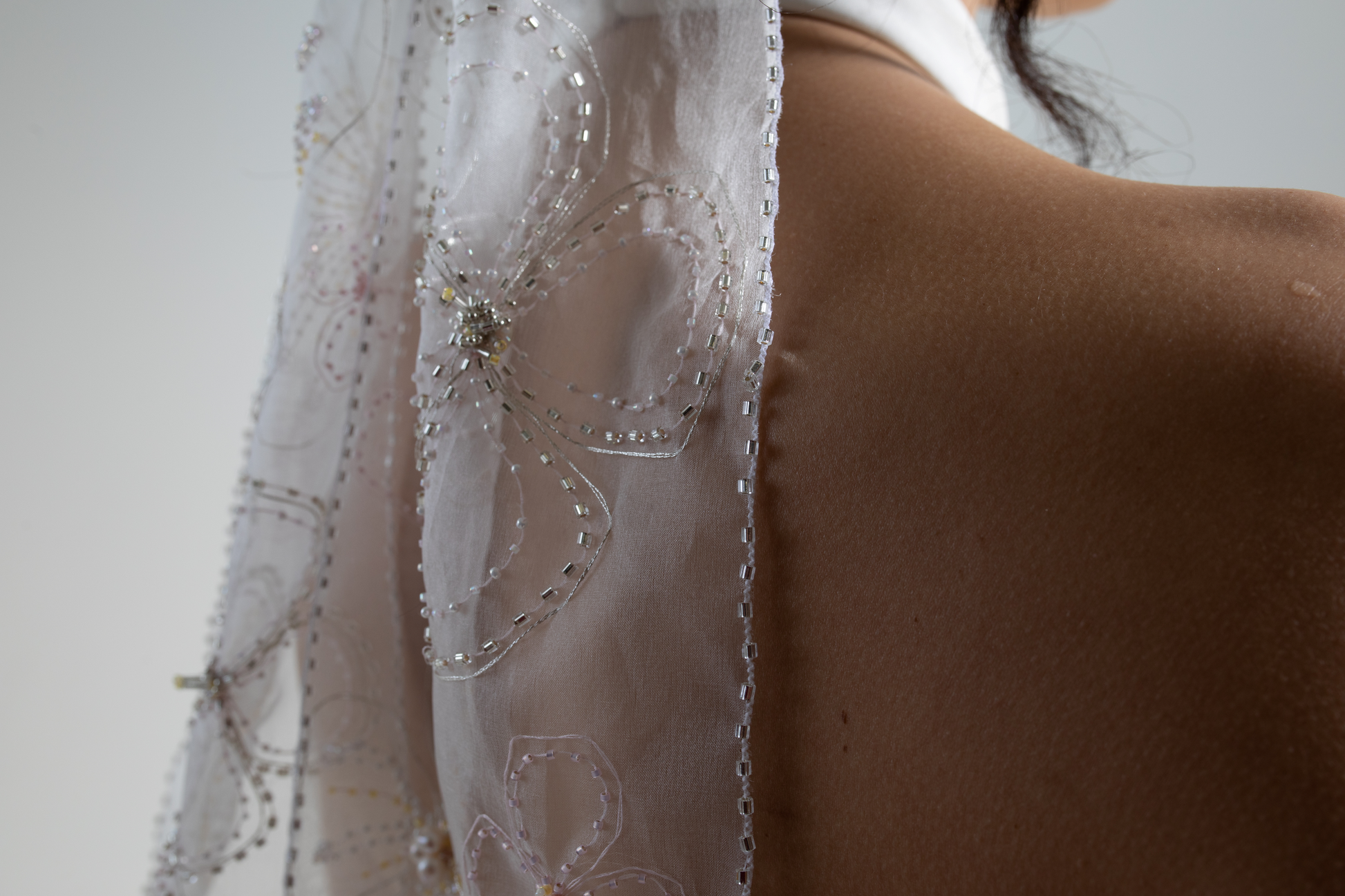 Contemporary hand-embroidered, beaded silk bridal bow veil-Claude Bridal  Studio