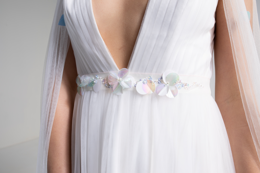 Hand embroidered silk organza bridal sash, a decorative sash hand-sewn with lots of sequins and beads in a floral design.  This bridal belt is part of a collection of luxury hand-embroidered bridal accessories and bridal head wear.